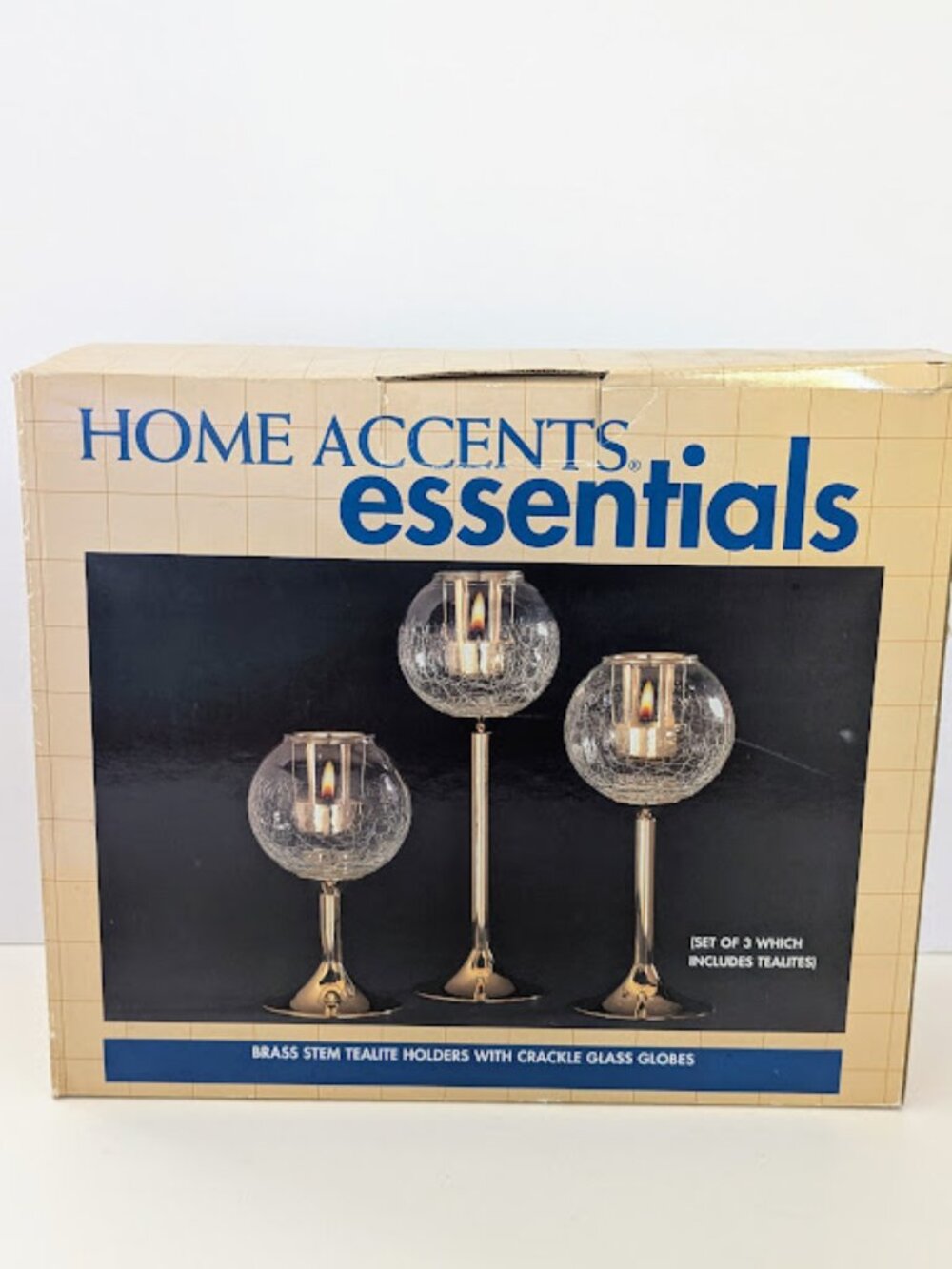 Vintage Home Accents Essentials Crackle Glass Tealight Holders with Brass Stems